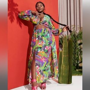 SHEIN SXY Plus Tropical Print M-Slit Hem Dress